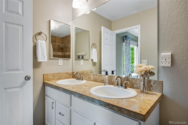 1179 S Alton Ct, Denver, CO 80247 - bathroom with a textured wall, double vanity, and a shower