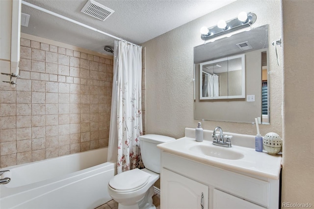 1179 S Alton Ct, Denver, CO 80247 - bathroom featuring a textured wall, vanity, toilet, shower / tub combo with curtain, and a textured ceiling