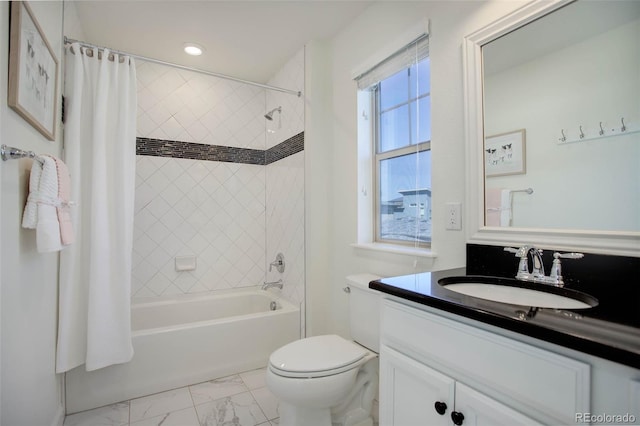 full bathroom with vanity, toilet, and shower / bath combination with curtain