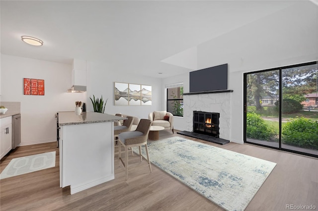 225 E 8th Ave Unit A2, Longmont, CO 80504 - living area with light wood-style flooring, a stone fireplace, and baseboards