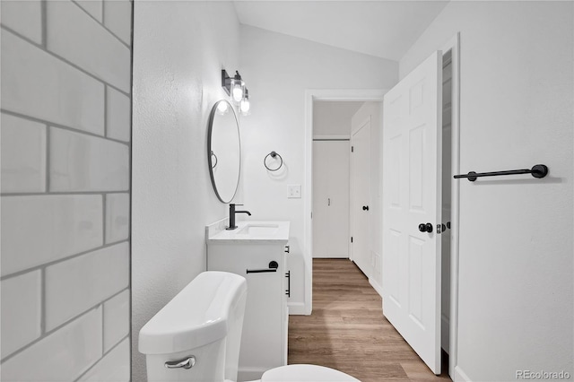 225 E 8th Ave Unit A2, Longmont, CO 80504 - bathroom with toilet, wood finished floors, vanity, and lofted ceiling