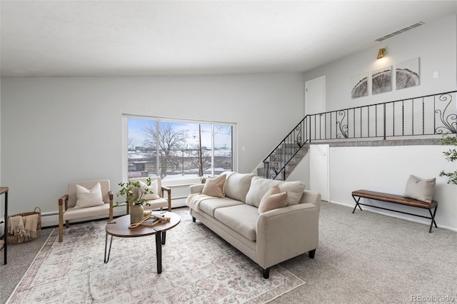 living room with light carpet and vaulted ceiling