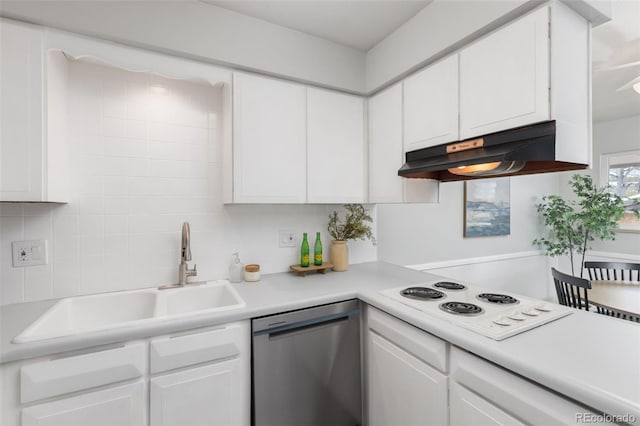 kitchen featuring sink, white cabinets, stainless steel dishwasher, and white electric cooktop