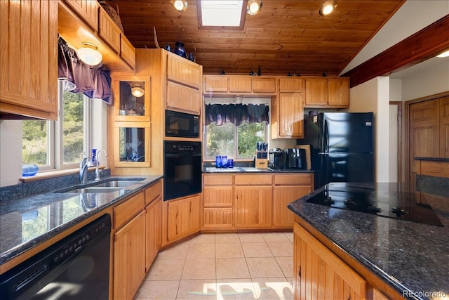 167 Wapiti Ct, Canon City, CO 81212 - kitchen featuring black appliances, a sink, wood ceiling, lofted ceiling, and light tile patterned floors