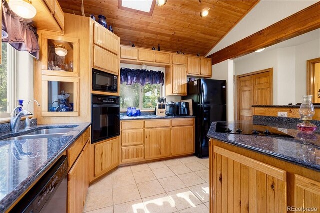 167 Wapiti Ct, Canon City, CO 81212 - kitchen with black appliances, a sink, vaulted ceiling, wood ceiling, and a skylight