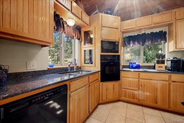 167 Wapiti Ct, Canon City, CO 81212 - kitchen with black appliances, a sink, dark stone countertops, plenty of natural light, and vaulted ceiling