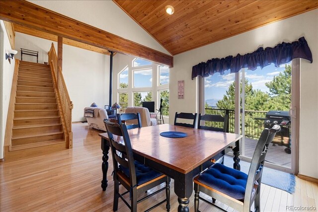 167 Wapiti Ct, Canon City, CO 81212 - dining room with light wood-style floors, stairway, wood ceiling, high vaulted ceiling, and recessed lighting