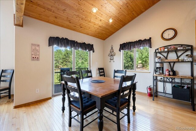 167 Wapiti Ct, Canon City, CO 81212 - dining area with lofted ceiling, light wood-type flooring, wood ceiling, and baseboards
