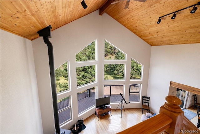 167 Wapiti Ct, Canon City, CO 81212 - sitting room with wood ceiling, track lighting, wood finished floors, a ceiling fan, and lofted ceiling