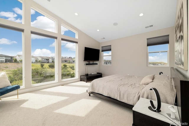 2221 Rim Ridge Dr, Castle Pines, CO 80108 - bedroom featuring lofted ceiling, carpet floors, and recessed lighting
