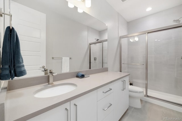 2221 Rim Ridge Dr, Castle Pines, CO 80108 - full bath with a shower stall, vanity, and recessed lighting