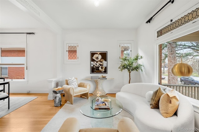living area with baseboards and wood finished floors