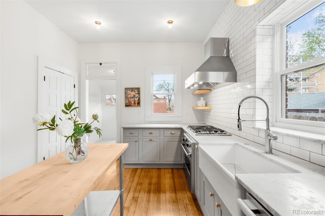 kitchen featuring backsplash, a sink, appliances with stainless steel finishes, gray cabinetry, and wall chimney range hood
