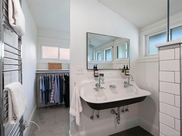bathroom featuring a sink, vaulted ceiling, and a walk in closet