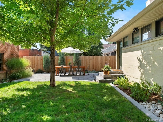 view of yard with fence and a patio area