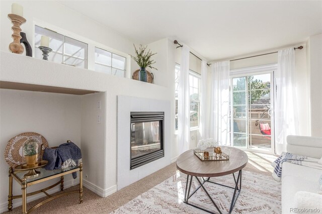 carpeted living area with a glass covered fireplace