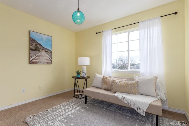 living area with baseboards and carpet
