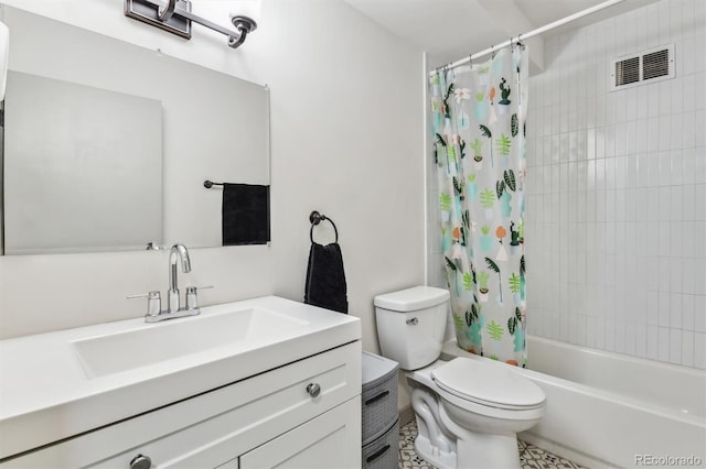 full bathroom with vanity, shower / bathtub combination with curtain, and toilet