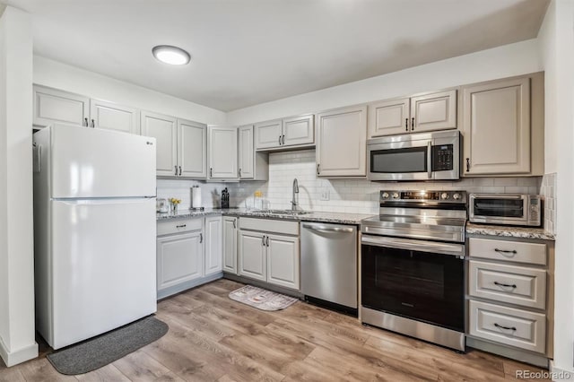 kitchen featuring gray cabinets, sink, decorative backsplash, stainless steel appliances, and light wood-type flooring