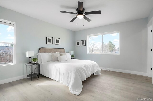 bedroom with ceiling fan and light wood-type flooring