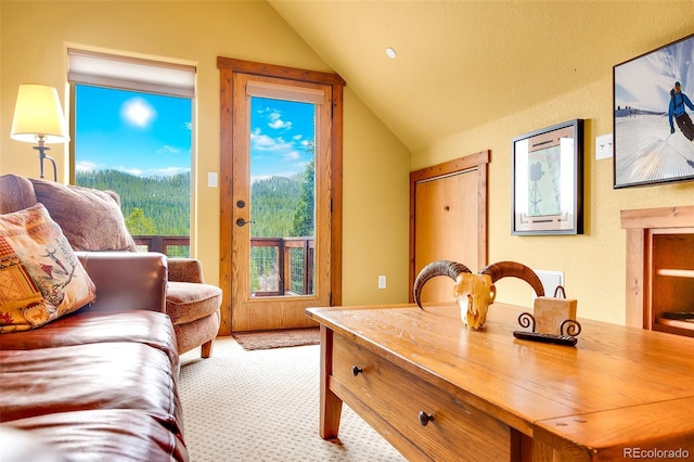 2891 Nugget Rd, Fairplay, CO 80440 - carpeted bedroom featuring lofted ceiling and access to exterior
