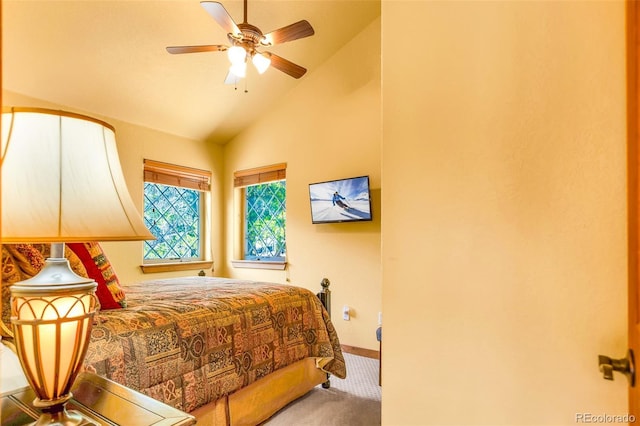2891 Nugget Rd, Fairplay, CO 80440 - carpeted bedroom featuring baseboards, high vaulted ceiling, and ceiling fan