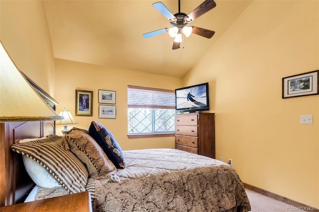 2891 Nugget Rd, Fairplay, CO 80440 - carpeted bedroom featuring vaulted ceiling, baseboards, and ceiling fan