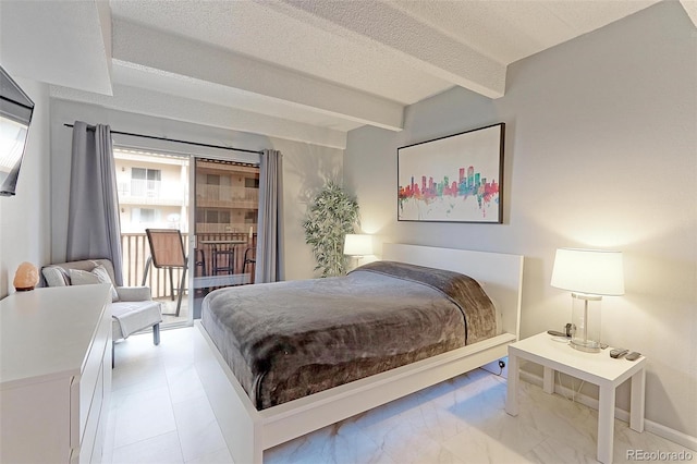 tiled bedroom featuring a textured ceiling and beamed ceiling