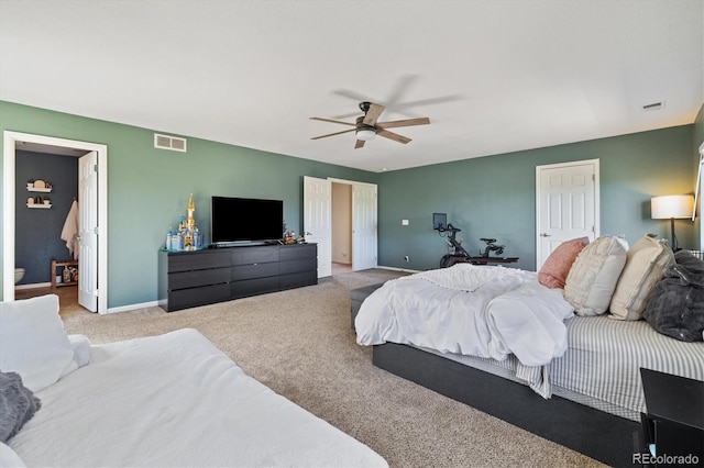 bedroom featuring carpet floors, baseboards, and ceiling fan