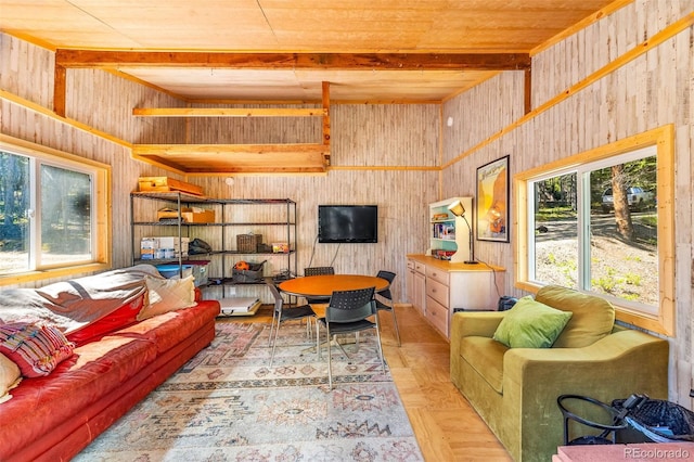 495 Georgia Pass, Jefferson, CO 80456 - living room featuring wooden walls and a wood ceiling with exposed beams