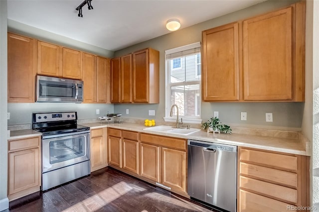 kitchen with light brown cabinetry, sink, dark hardwood / wood-style floors, and appliances with stainless steel finishes