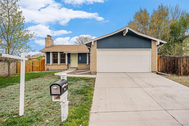 7005 Zenobia Pl, Westminster, CO 80030 - ranch-style home with a garage, fence, a front yard, a chimney, and brick siding