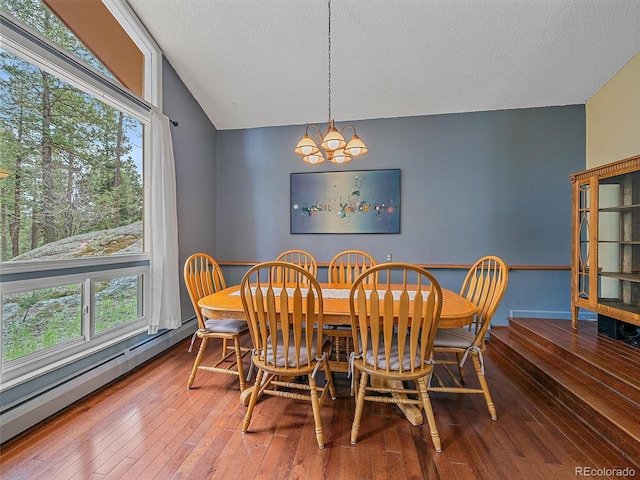 7585 Native Dancer Trl, Evergreen, CO 80439 - dining area with a baseboard radiator, a chandelier, a textured ceiling, hardwood / wood-style flooring, and healthy amount of natural light