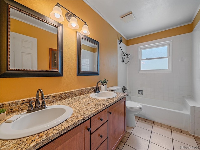 7585 Native Dancer Trl, Evergreen, CO 80439 - full bath with toilet, double vanity, shower / bathtub combination, ornamental molding, and tile patterned flooring
