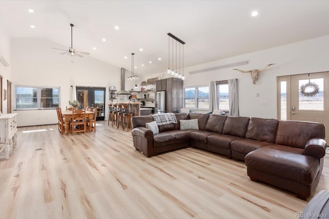 living room with high vaulted ceiling and light hardwood / wood-style flooring