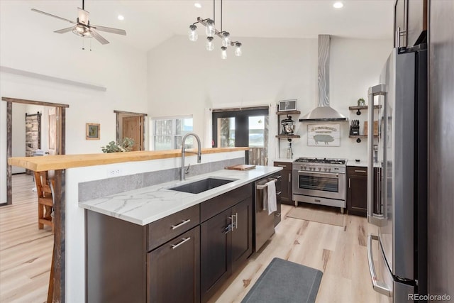 kitchen with pendant lighting, sink, premium appliances, dark brown cabinets, and light hardwood / wood-style flooring