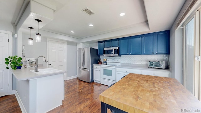 21570 E 40th Pl, Denver, CO 80249 - kitchen featuring stainless steel appliances, a raised ceiling, dark wood-type flooring, a peninsula, and decorative backsplash