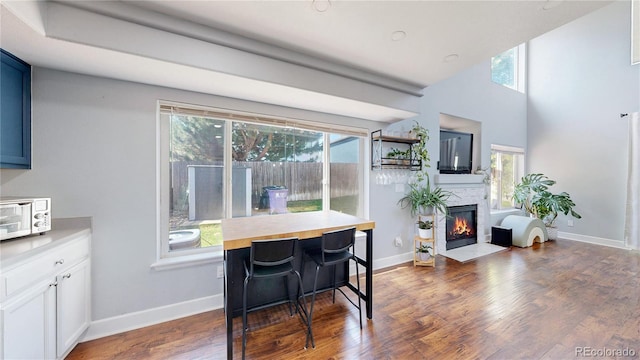 21570 E 40th Pl, Denver, CO 80249 - dining room with a fireplace with flush hearth and dark wood-type flooring