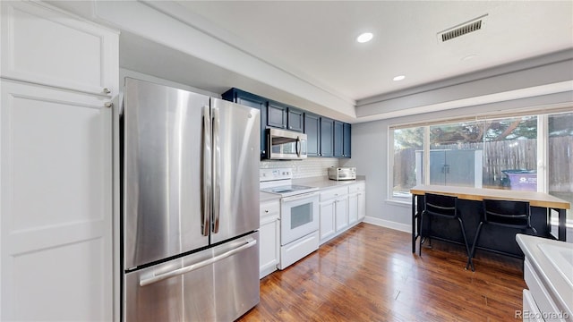 21570 E 40th Pl, Denver, CO 80249 - kitchen featuring appliances with stainless steel finishes, dark wood-style flooring, tasteful backsplash, light countertops, and recessed lighting