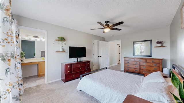 21570 E 40th Pl, Denver, CO 80249 - bedroom featuring light carpet, a textured ceiling, connected bathroom, and a ceiling fan