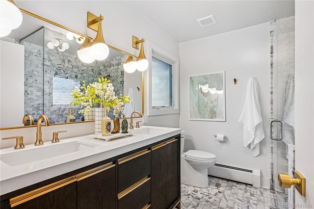 full bathroom featuring a baseboard radiator, toilet, a stall shower, and double vanity