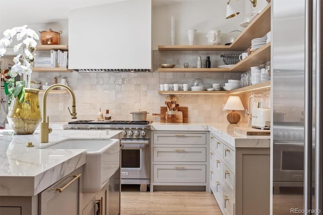 435 Ivanhoe St, Denver, CO 80220 - kitchen featuring open shelves, high quality appliances, tasteful backsplash, and light stone counters