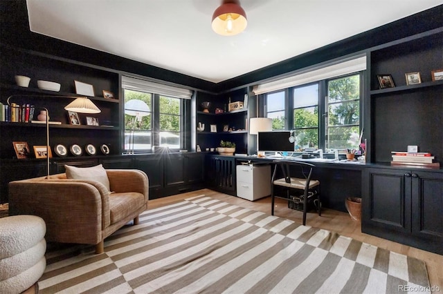 435 Ivanhoe St, Denver, CO 80220 - office space featuring light wood-type flooring, built in desk, and built in shelves