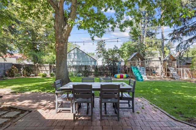 435 Ivanhoe St, Denver, CO 80220 - fenced backyard with a patio area, a playground, and outdoor dining area