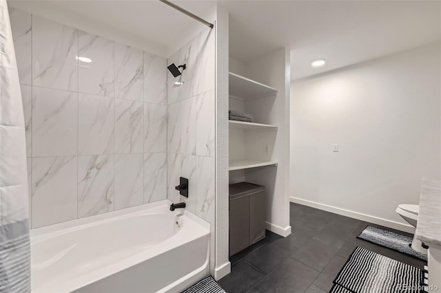 bathroom featuring  shower combination, baseboards, and toilet