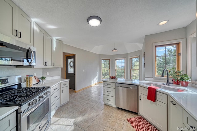 318 Southgate Rd, Florissant, CO 80816 - kitchen with appliances with stainless steel finishes, light countertops, plenty of natural light, a sink, and a textured ceiling