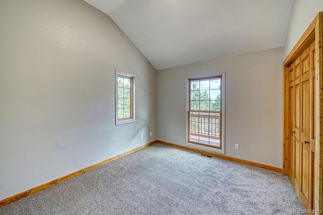 318 Southgate Rd, Florissant, CO 80816 - unfurnished bedroom featuring lofted ceiling, light carpet, baseboards, and a textured wall