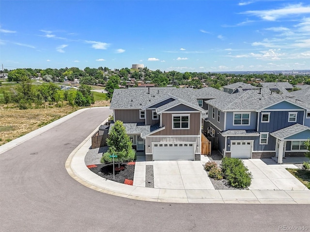 7956 Osage St, Denver, CO 80221 - view of front of property with board and batten siding, a garage, concrete driveway, roof with shingles, and a residential view