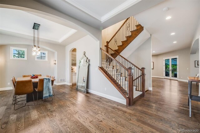 2362 Spruce Way, Denver, CO 80238 - dining space featuring stairs, plenty of natural light, dark wood-style flooring, and recessed lighting