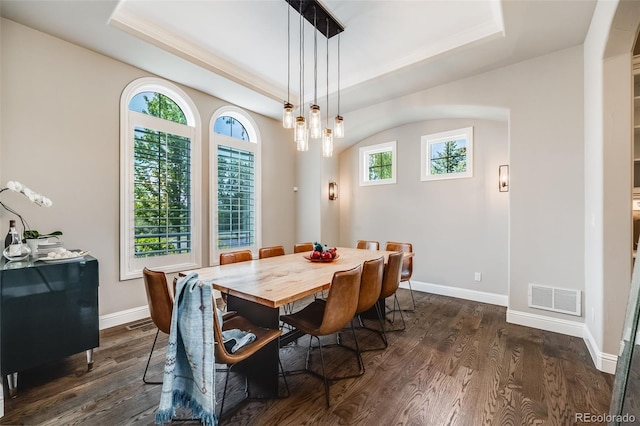2362 Spruce Way, Denver, CO 80238 - dining area featuring a tray ceiling, dark wood-type flooring, and baseboards